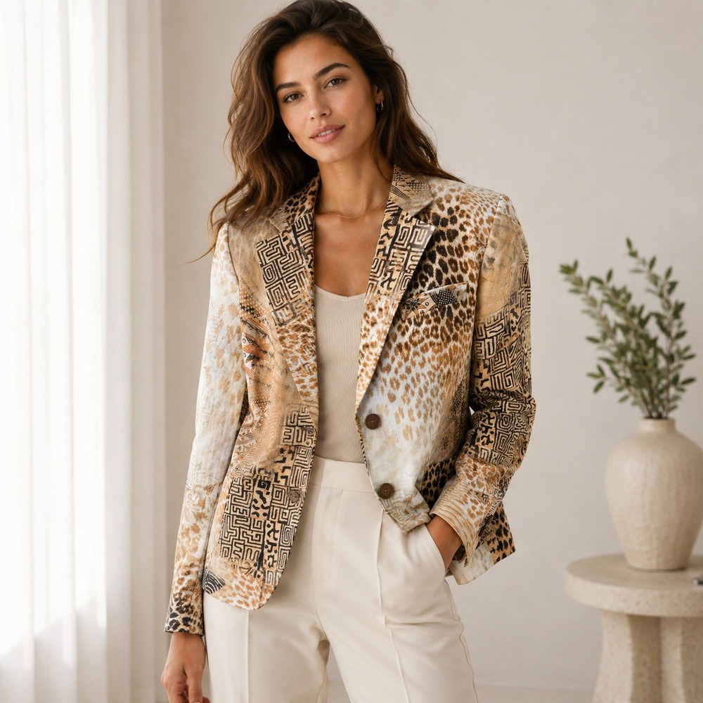 Pauw Amsterdam Leopard Geometric Print Ramie Blazer Jacket Tan‎ Brown Size 3